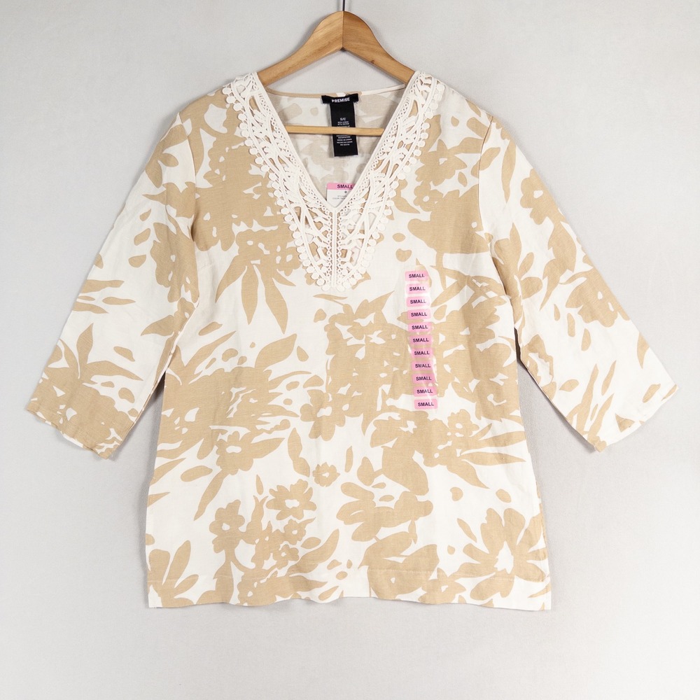 PREMISE Top Blouse Sz Small Tan White Tropical Floral Linen Blend Tunic New